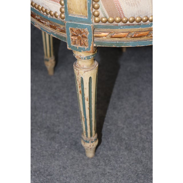 Late 19th Century Pair of 19th C. French Louis XVI Paint Decorated & Gilt Carved Armchairs For Sale - Image 5 of 12