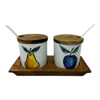 Mid-Century Modern Serv-Wood Reversible Porcelain Fruit Jam Jar Set - 5 Pieces For Sale