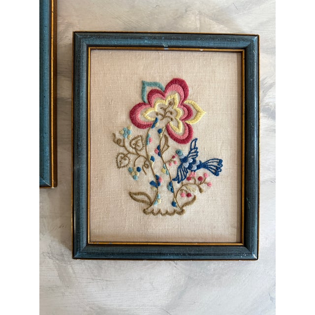 Farmhouse Vintage Framed Crewel Floral Embroidery Blue - A Pair For Sale - Image 3 of 9