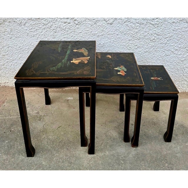 1960s Set of Three Antique Chinese Lacquered Nesting Tables For Sale - Image 10 of 11