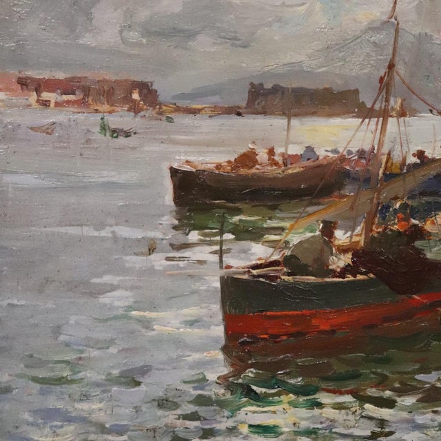 R. Leone, Gulf of Naples with Fishermen, Oil Painting on Board, Early 20th Century, Framed For Sale - Image 5 of 15
