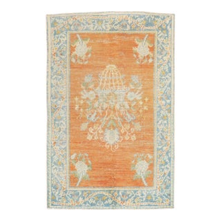 Antique Zabihi Collection Oushak Orange Floral Scatter Rug - 3'7" x 4'10" For Sale