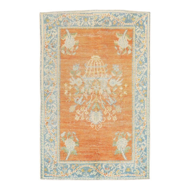 Antique Zabihi Collection Oushak Orange Floral Scatter Rug - 3'7" x 4'10" For Sale