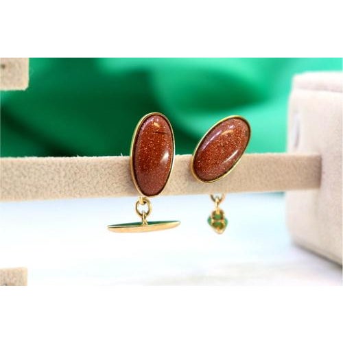 Gold Cufflinks with Oval Brown Stone, Set of 2 For Sale - Image 4 of 8