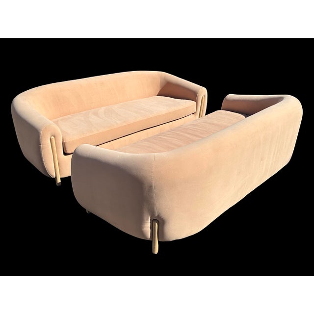 Blush Pair of Curved Blush Velvet Sofas – Sculptural Modern Seating For Sale - Image 8 of 11