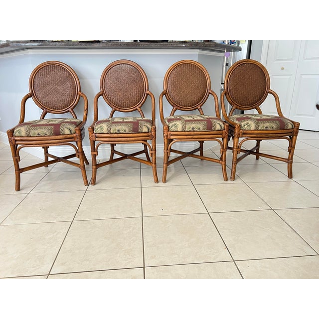 Mid 20th Century Tommy Bahama Style Bamboo With Topical Print Dining Chairs - Set of 4 For Sale In West Palm - Image 6 of 8