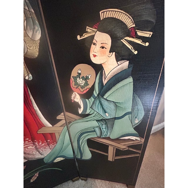1970s Vintage Chinoiserie Hand-Painted, Double-Sided 48”x48” Folding Screen For Sale - Image 5 of 8