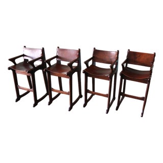 1960s Sergio Rodrigues Style Brazilian Barstools in Patinated Leather - Set of 4 For Sale