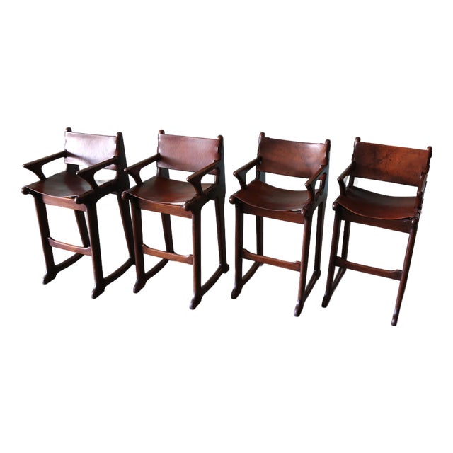 1960s Sergio Rodrigues Style Brazilian Barstools in Patinated Leather - Set of 4 For Sale