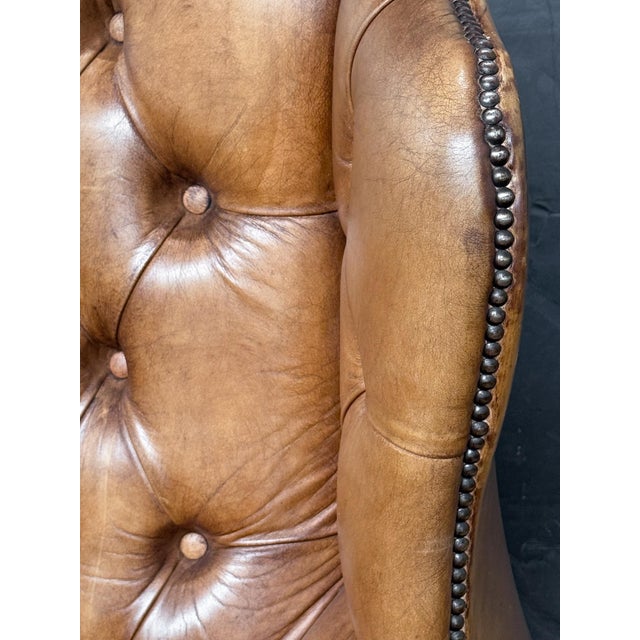 Large English Wing Back Chair of Tufted Tanned Leather With Nail-Head Trim For Sale - Image 12 of 16