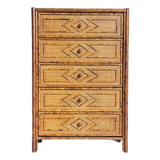 1980s Vintage British Colonial Style Bamboo and Rattan Tall Chest For Sale