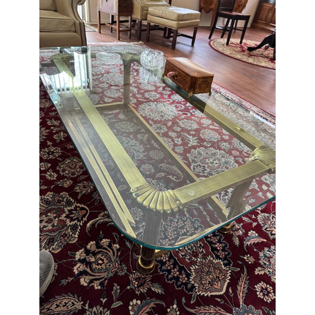 Hollywood Regency VTG Attributed Mastercraft Brass Glass Coffee Table Gold Hollywood Regency MCM Cocktail Table For Sale - Image 3 of 8