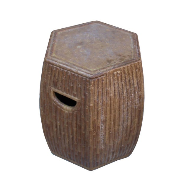 2000 - 2009 Chinese Hexagon Bamboo Theme Brown Ceramic Clay Garden Stool For Sale - Image 5 of 6