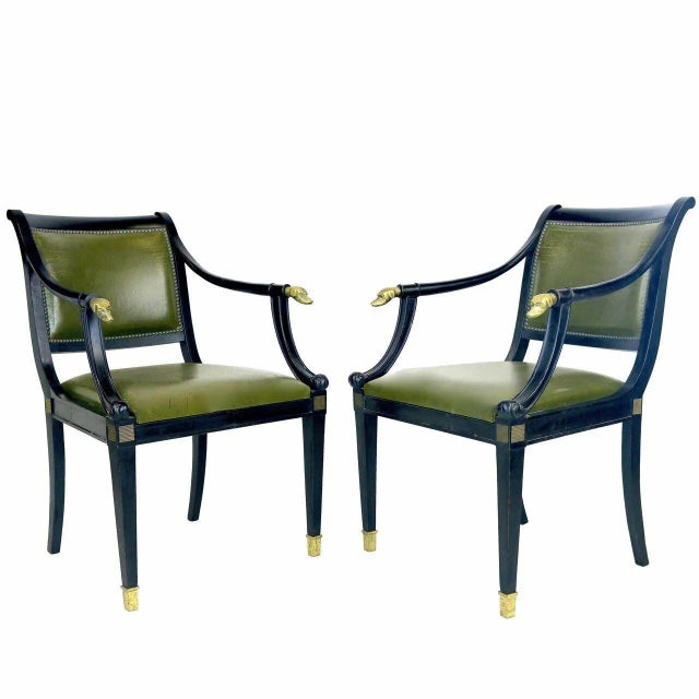 Refined Regency Pair Armchairs With Brass Dog Head Finials, Circa 1930 For Sale - Image 4 of 4