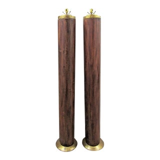 Pair of Vintage Teak and Brass Column Floor Lamps For Sale