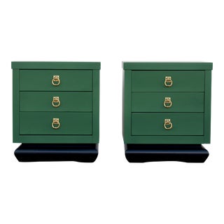 1960s Pair of Asian Style Green Nightstands of Three Drawers For Sale