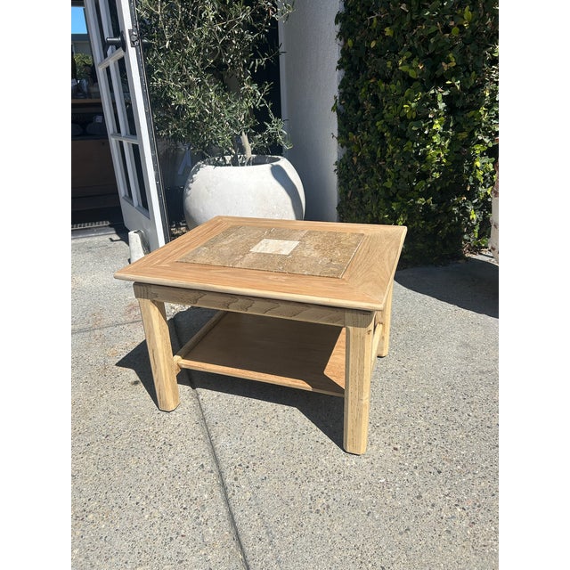 Vintage Wood Side Table With Inset Stone Top and Lower Shelf For Sale - Image 16 of 17