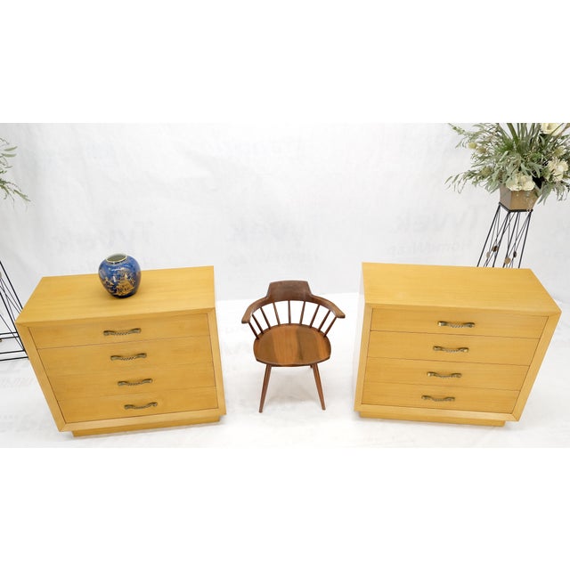 Pair of Mid Century Modern Blonde Bleached Mahogany Twisted Solid Brass Pulls Bachelor 4 Drawer Chests Dressers Cabinets...