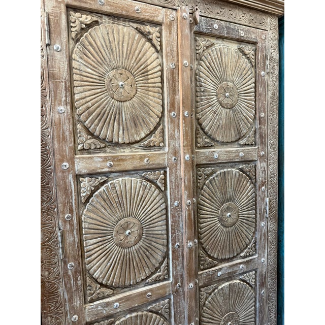 Wood Antique Sunburst Carved Cabinet – Vintage White Distressed Armoire Wardrobe For Sale - Image 7 of 11