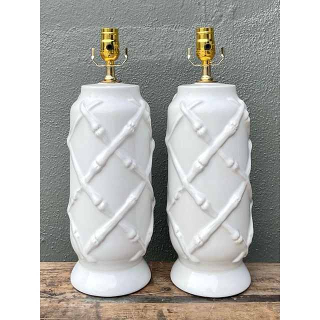 White Vintage Bamboo Trellis Glazed Ceramic Lamps For Sale - Image 8 of 12