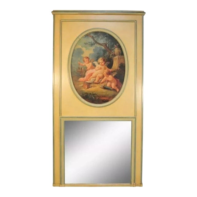 19th Century French Louis XVI Style Cream Painted Large Trumeau Mirror With Cherubs For Sale