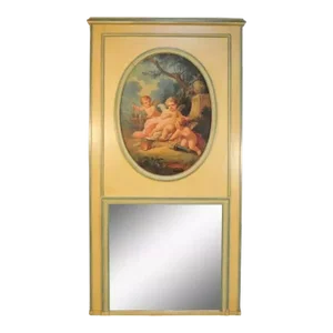 19th Century French Louis XVI Style Cream Painted Large Trumeau Mirror With Cherubs