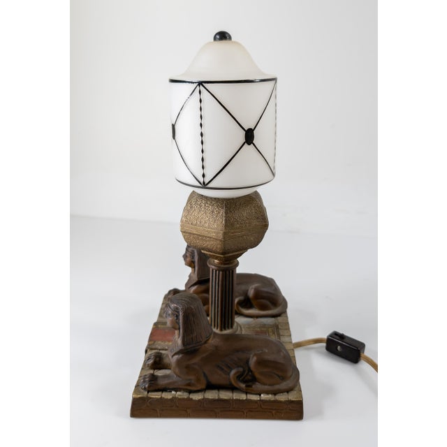 Art Deco Early 20th Century Art Deco Egyptian Revival Table Lamp With Sphinxes For Sale - Image 3 of 13