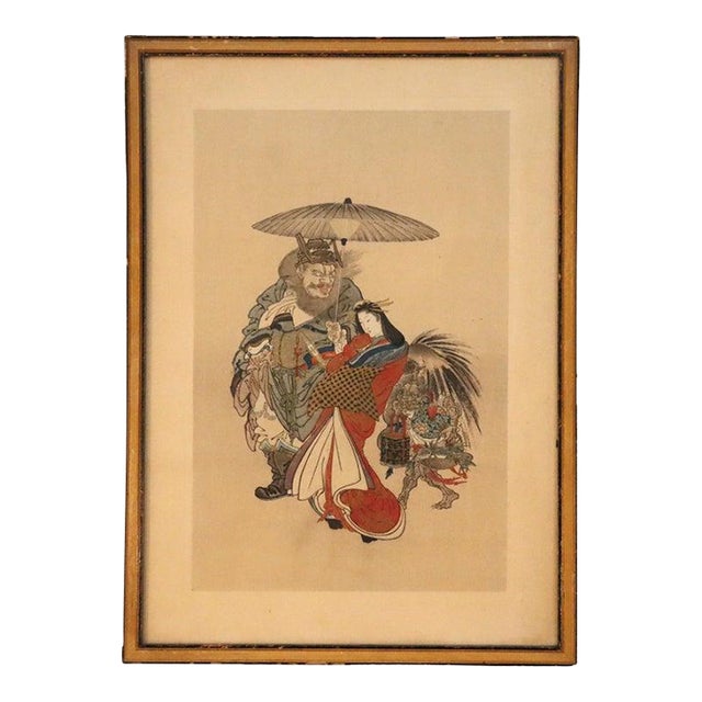 Antique Japanese Wood Block Print of a Geisha Escorted by Shoki C1920 For Sale