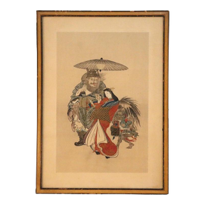 Antique Japanese Wood Block Print of a Geisha Escorted by Shoki C1920