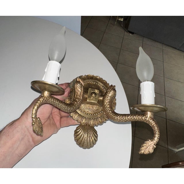 Brass Pair Neoclassic Dolphin Shell Brass Wall Sconces For Sale - Image 8 of 14