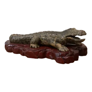 Mid 20th Century Hand Carved Stone Alligator / Crocodile Sculpture on Wood Base Artist Signed