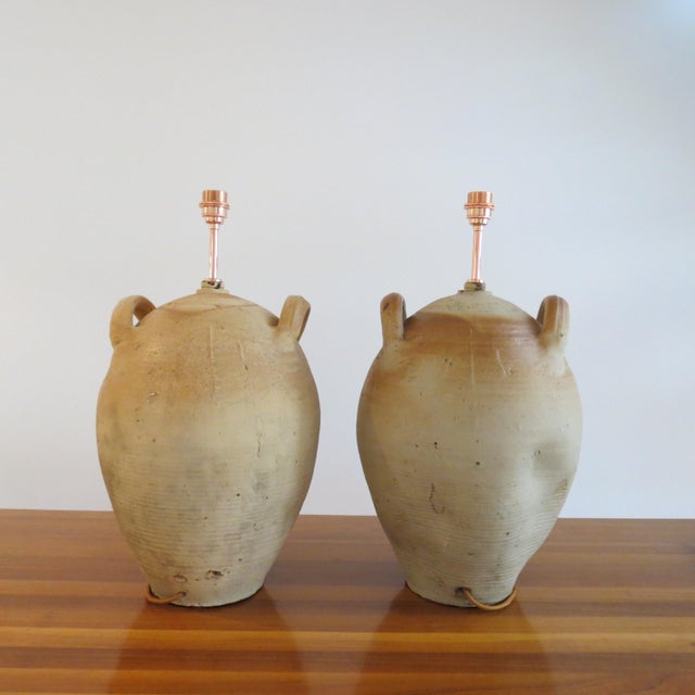 Large Pottery Olive Oil Jar Table Lamps, Set of 2 For Sale - Image 10 of 16