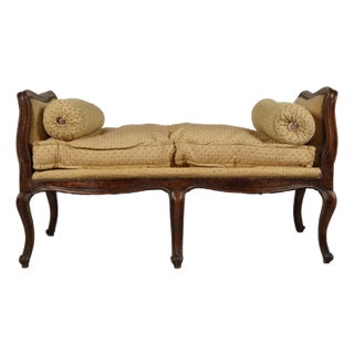Antique 18c Petite Louis XV Carved Walnut Bench W Down Cushion For Sale