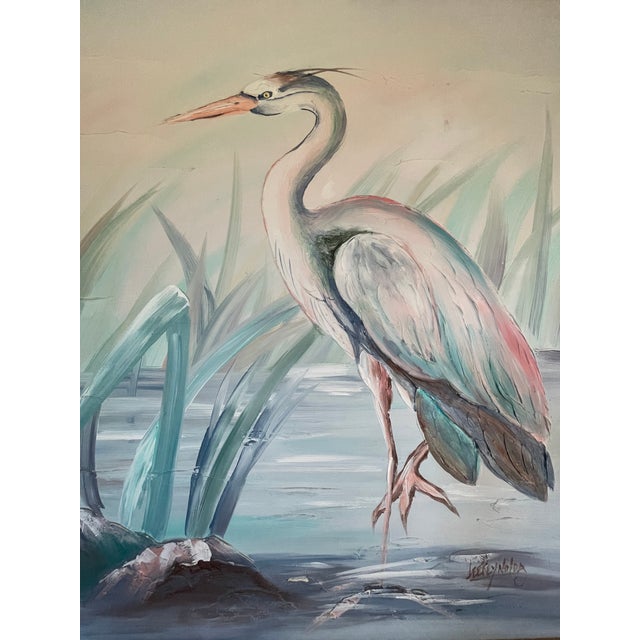 ~Stunning Large scale Vintage Lee Reynolds painting~ A serine tropical landscape with gorgeous bathing crane Obtained from...