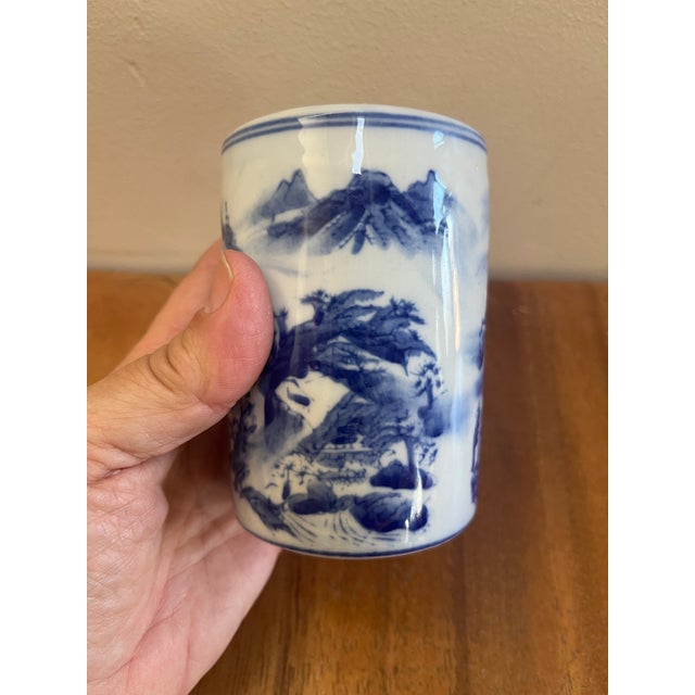 Chinoiserie Chinoiserie Blue and White Vintage Brush Pot With Traditional Hands Painted Scenery For Sale - Image 3 of 9