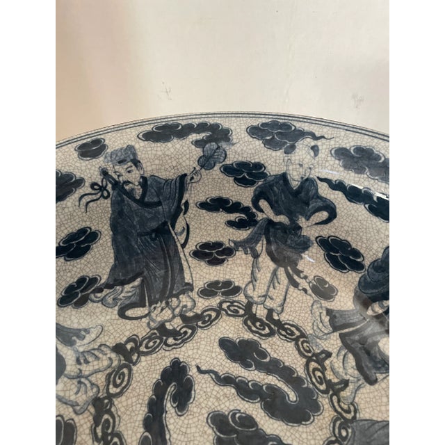 Blue Antique Chinese Eight Immortals Blue & White Crackled Glass Ceramic Bowl, Marked For Sale - Image 8 of 10