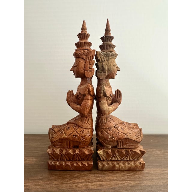 Rustic Vintage Teak Wood Thai Thepphanom Guardian Angels – Hand-Carved Buddhist Prayer Figures For Sale - Image 3 of 10