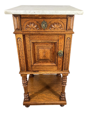 Antique French Carved Oak Bedside Table with Marble Top