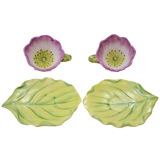 Boho Chic Italian Water Garden Cups & Saucers - Pair For Sale - Image 3 of 4