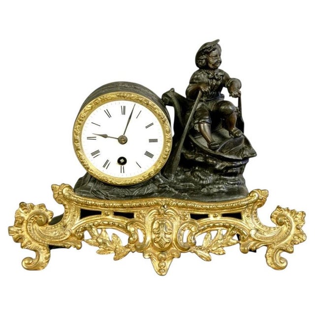 Metal Antique 19th Century French Figural Mantel Clock with Child in Boat For Sale - Image 7 of 7