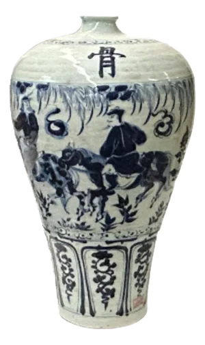 Vintage Chinese Blue White People Riding Horse Porcelain Art Vase