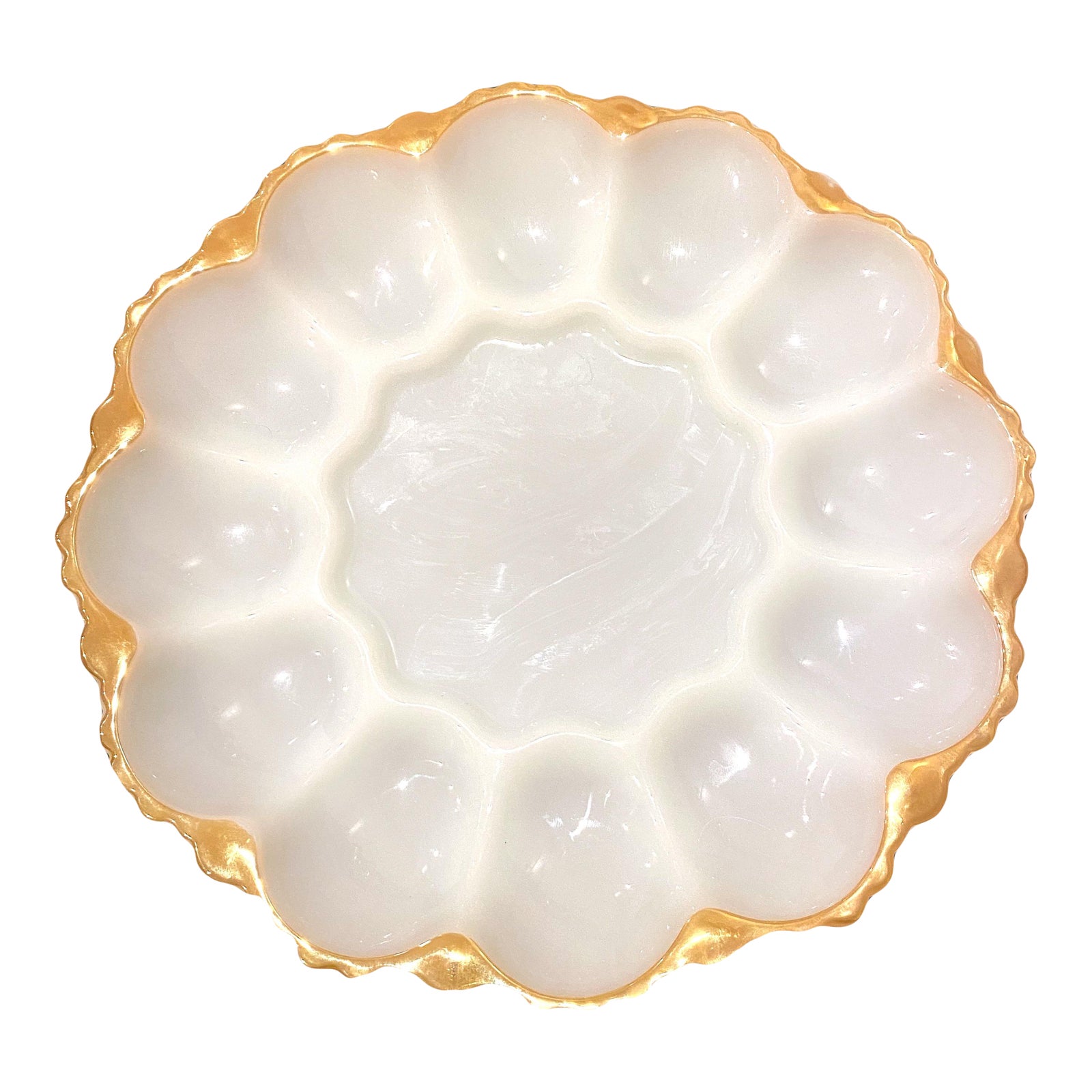 Vintage Anchor Hocking White Milk Glass Deviled Egg Plate With Gold
