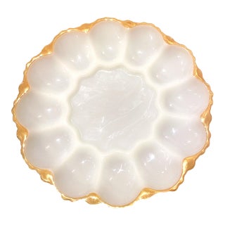 Vintage Anchor Hocking White Milk Glass Deviled Egg Plate With Gold Trim For Sale