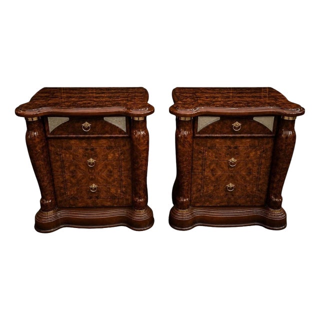Italian Burr Walnut Bedside Cabinets by Fulgini Orilio, 1980s, Set of 2 For Sale