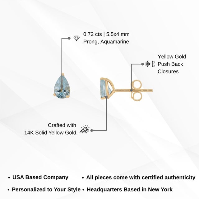 Minimal Pear Cut Natural Aquamarine Solitaire Stud Earrings in 14k Gold- A Pair For Sale - Image 12 of 16