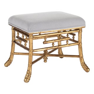 Aline Stool - Light Gray Linen / Gold Bamboo Frame For Sale
