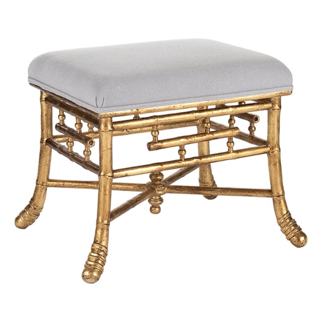 Aline Stool - Light Gray Linen / Gold Bamboo Frame For Sale