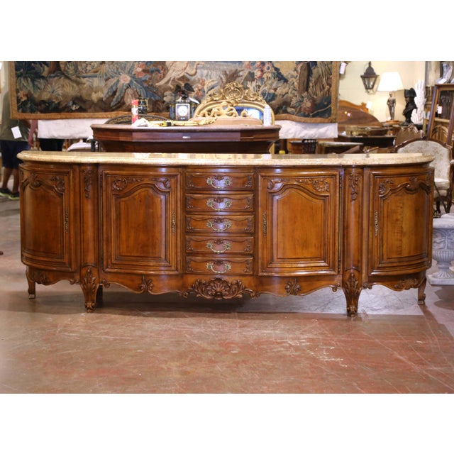 Wood Early 20th C. French Louis XV Marble Top Carved Walnut Four-Door Buffet Enfilade For Sale - Image 7 of 14