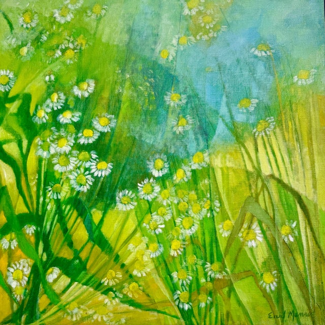 Green Enid Munroe “Daisies” Mid Century Oil on Canvas Painting For Sale - Image 8 of 9