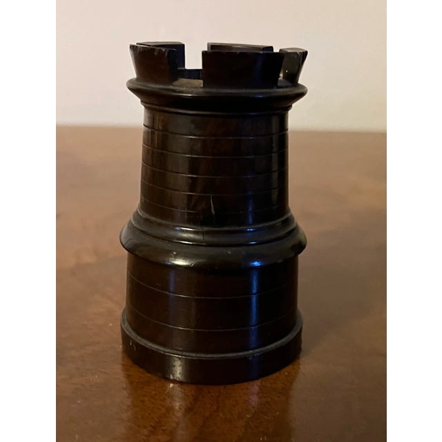 Antique Early 19th Century English Regency Lignum Vitae Carved Wood Match Safe in the Form of a Chess Rook For Sale - Image 4 of 8